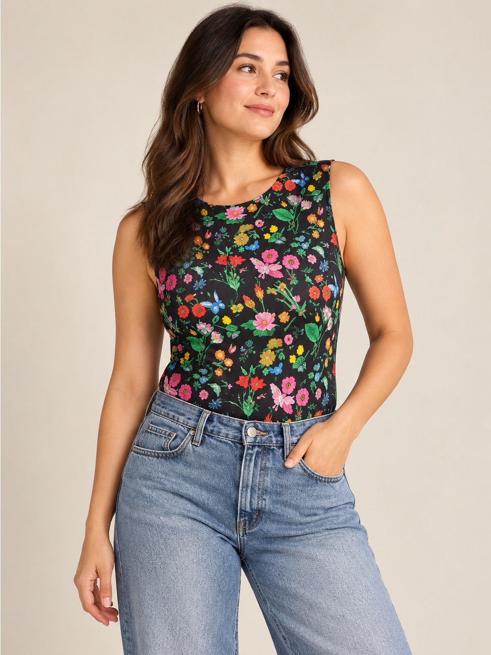 Papaya Black Floral Sleeveless Tank with Multicolor Blooms
